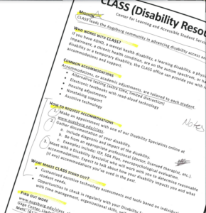 CLASS Office Flyer scanned image example that shows the document as displaying diagonally with highlights and written notes on the document, and part of the text cut off of the document by the scanner. 