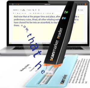 Scanmarker reading pen demonstrating being used to scan text on a page and transferring it to a computer screen.