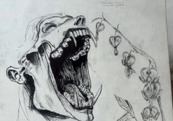 Drawing of a vampire opening their mouth very wide to eat a flower.