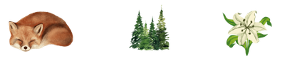 Drawings of a sleeping fox, pine trees, and a flower.