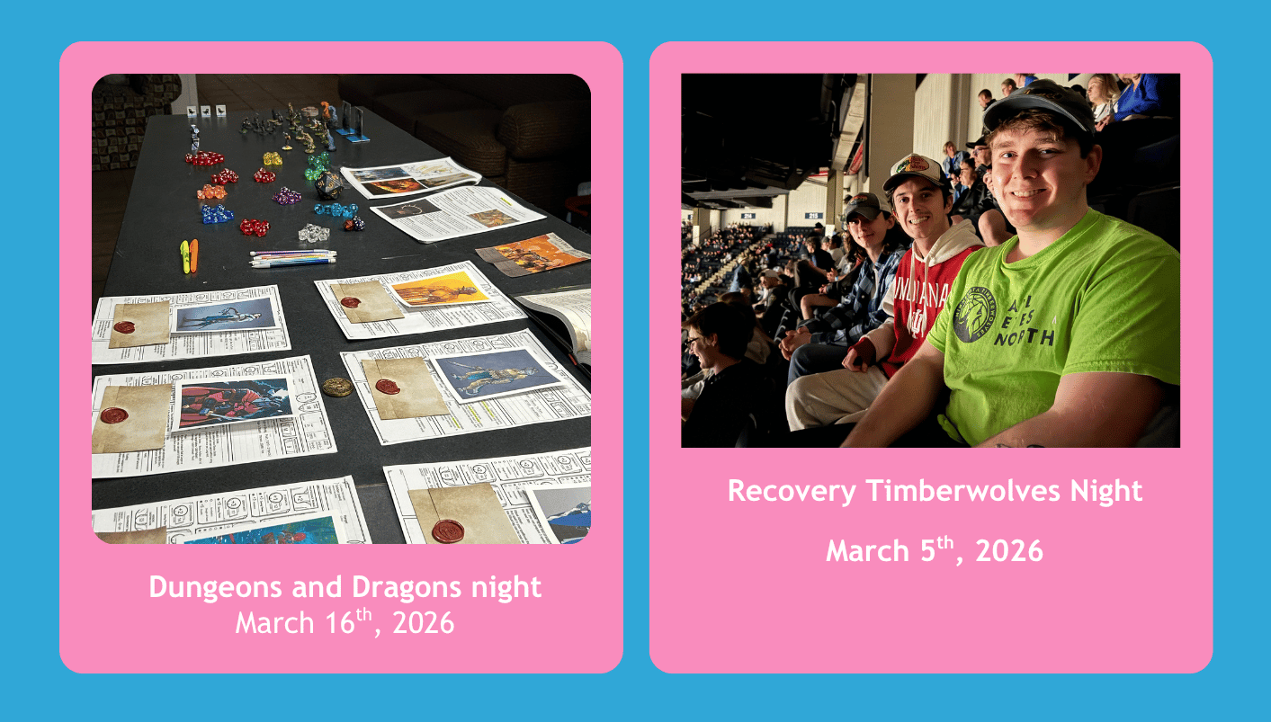 The first picture is of Dungeons & Dragons character sheets with dice. The second picture is of StepUP scholars sitting in the Minnesota Wild hockey stadium.