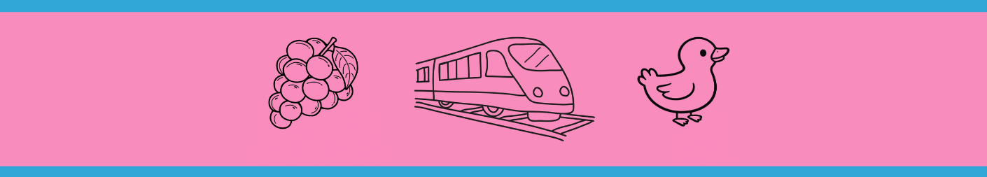 Graphics of grapes, a train and a duck.