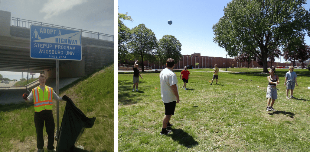 First photo is a StepUP scholar posing in front of the StepUP Adopt a Highway sign. He is holding a large bag of litter. Second photo is of stepUPP scholars playing volleyball outside.