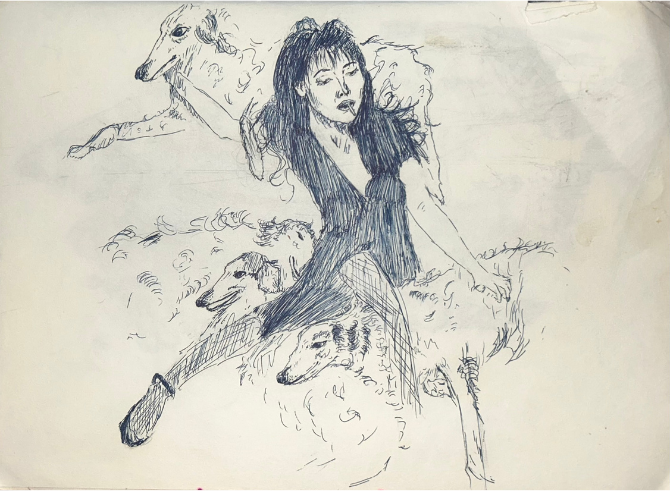 Dreawing of a woman letting dogs run past her.