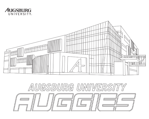 Coloring book image of Hagfors Center with words Augsburg University Auggies underneath