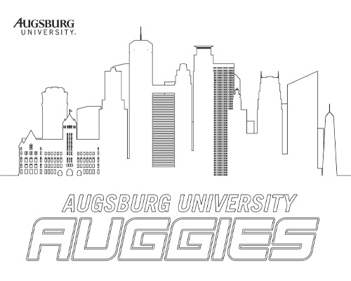 Coloring page of Minneapolis skyline with words Augsburg University Auggies underneath