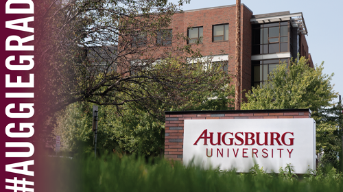 Zoom background with #AuggieGrad and photo of Augsburg University