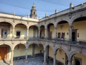 view of courtyard from a second story balcony