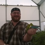 a bird lands in a young man's hand