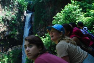 Students looking at waterfalls