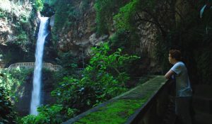 Student looking at waterfalls