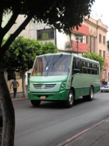 A green bus on the street