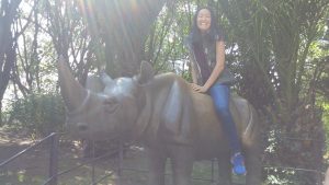 Student on a rhino statue's back