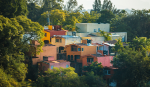 colorful houses sit on a hillside with green trees