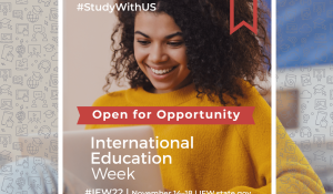 young woman at a computer with text on the graphic that reads open for opportunity international education week