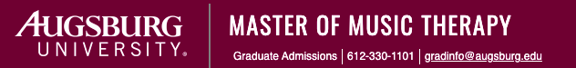 Logo for Master of Music Therapy program with phone listed 612-33-1101 and email listed gradinfo@augsburg.edu