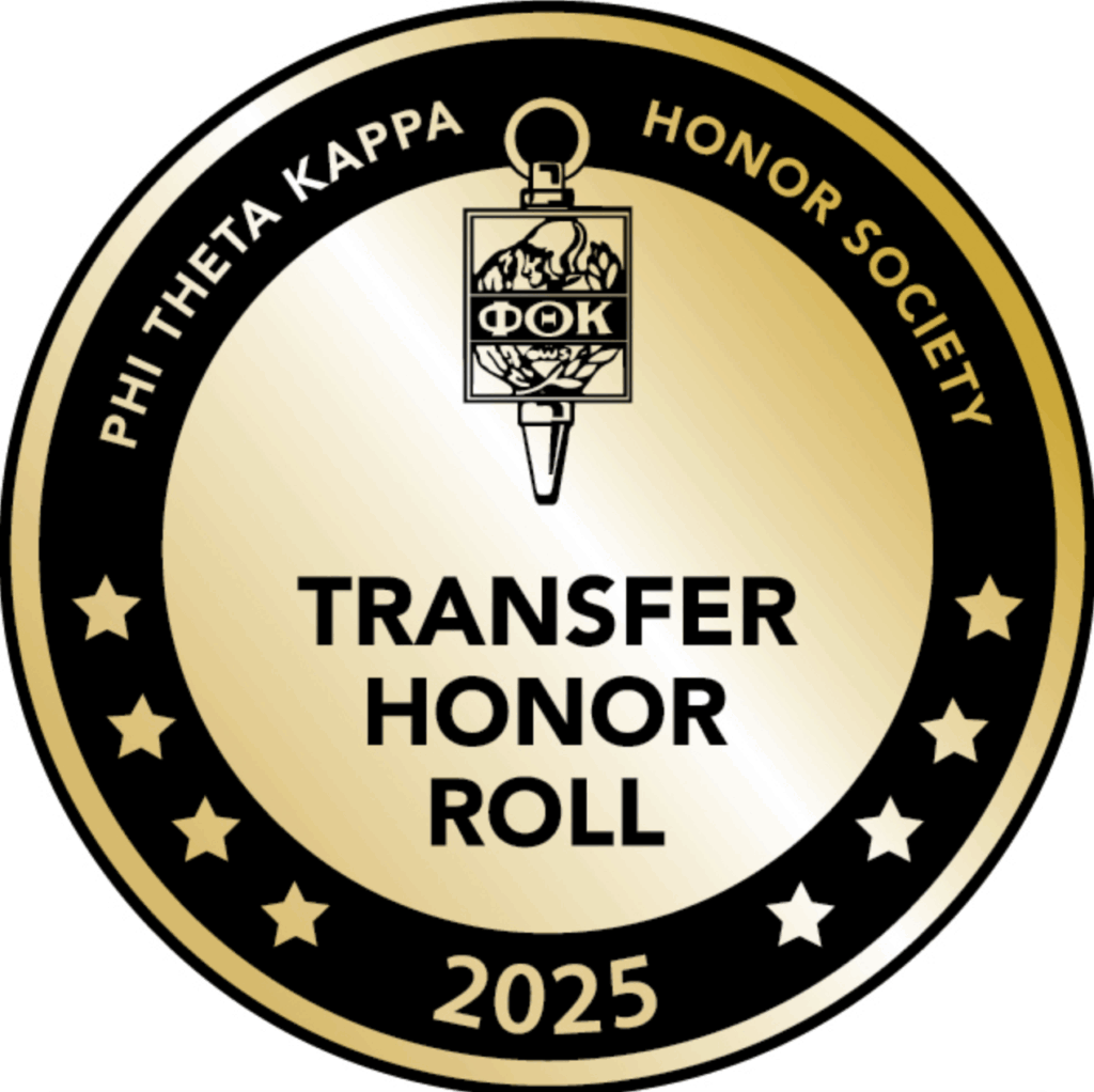 black and gold PHI THETA KAPPA honor roll badge that says "Transfer Honor Roll 2025"
