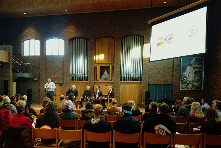 Speaker series attendees gather in Hoversten Chapel