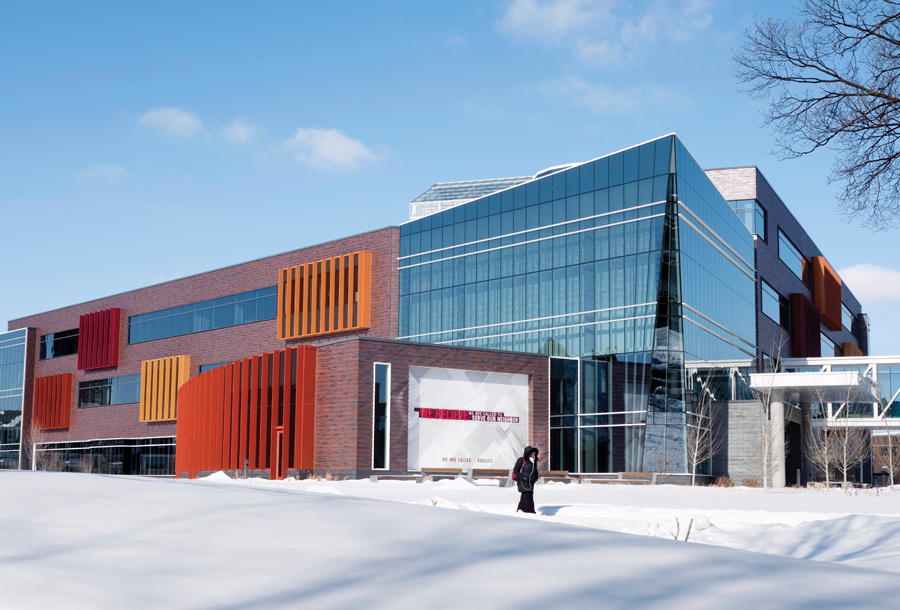 Exterior photo of the new Hagfors Center on a snowy day