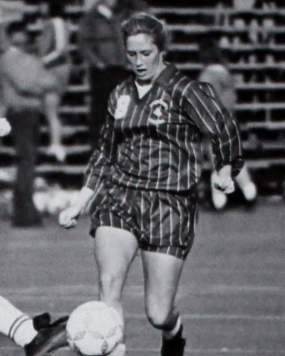 Archive photo of Becca Studaker playing soccer when she was a student