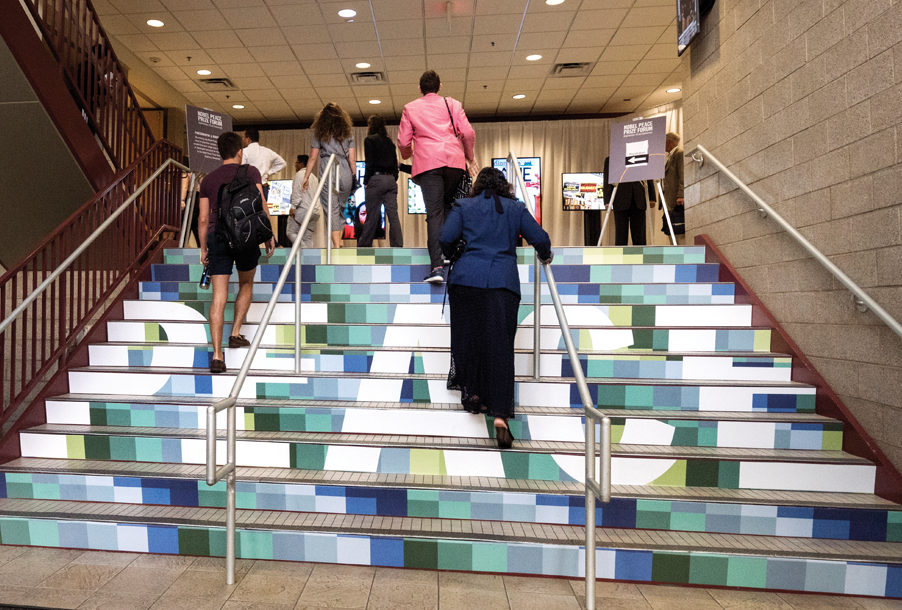 "Peace" on the front of the stairs that you walk up to enter the Nobel Peace Prize Forum at Augsburg University