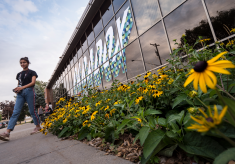 Student walking past "Paradox" art piece on the exterior windows of Si Melby Hall