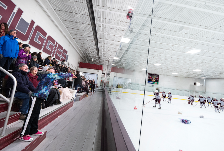 Fans toss their teddy bears into the ice rink from the stands