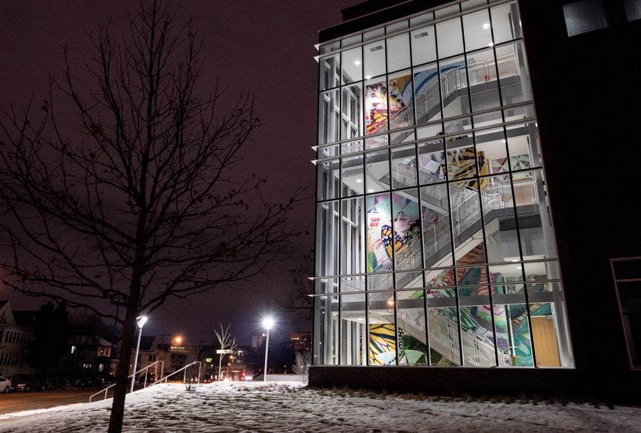 The three-story mural “Emergence” adorns the Hagfors Center’s west stairwell.