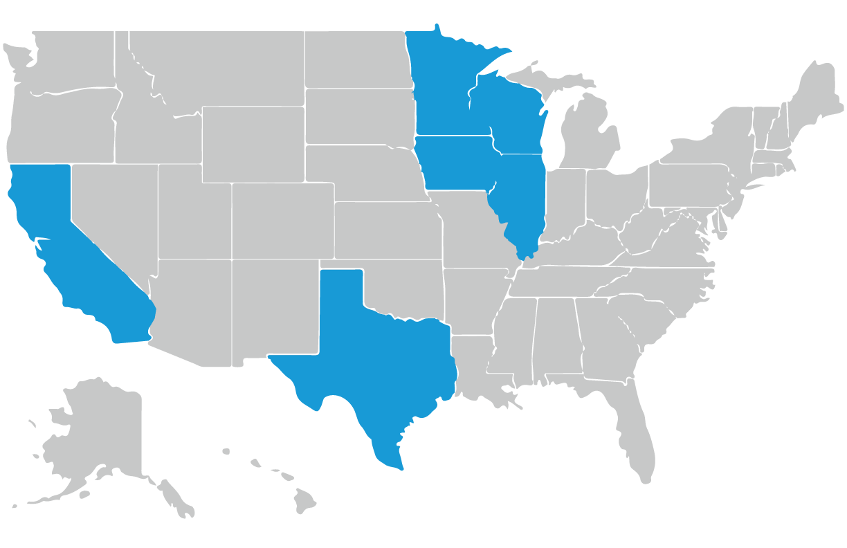 United States map with Minnesota, Wisconsin, Illinois, Iowa, Texas, and California highlighted