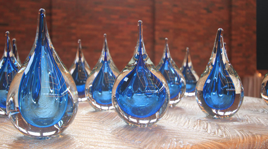 Blue water droplet sculptures