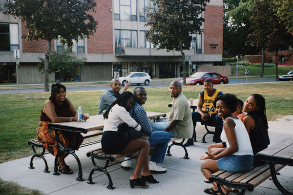 Students attend a Pan-Afrikan Student Union cookout in Murphy Square in 1998.