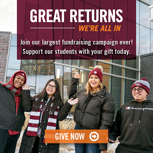 Great Returns We're All In Join our largest funraising campaign ever! Support our students iwth your gift today. https://advancement.augsburg.edu/donations/general-donation Picture of four students in Auggie gear