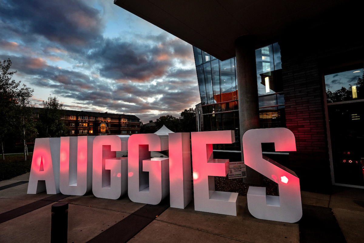 Large white letters saying "AUGGIES" on campus