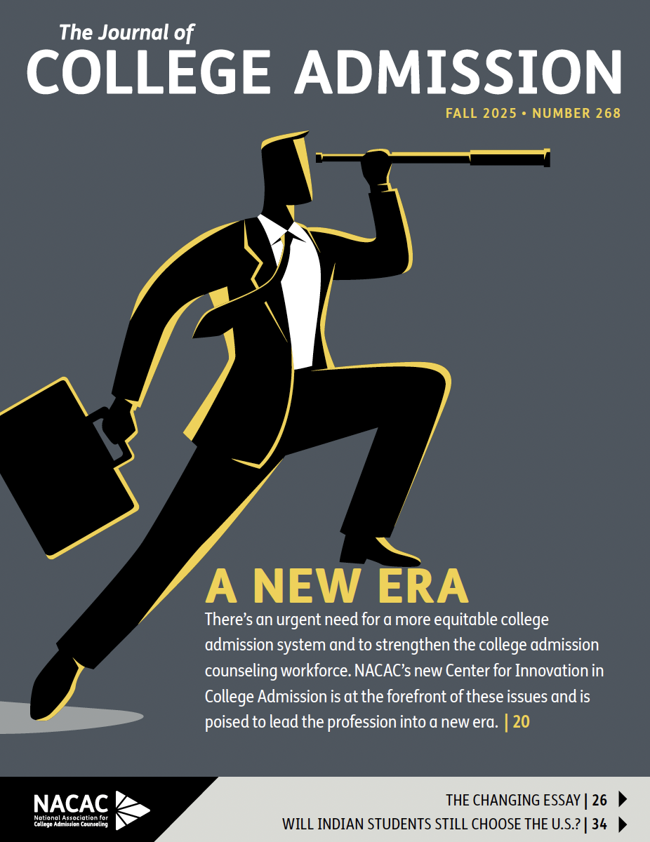 The cover of the Fall 2025 Journal of College Admissions features a gray background with a man in shades of black, white, and yellow, holding a briefcase and telescope.