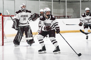Player in a defensive stance on the ice with the goalie (number 30) in the background.