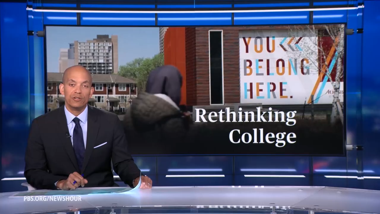 Video frame from June 2 2026 PBS News Hour segment, "Rethinking College"