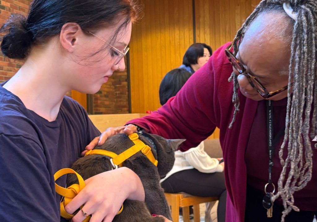 10 A close-up indoor scene shows two people interacting with a dark-coated service dog wearing a bright yellow harness. On the left, a person with dark hair tied back and glasses holds the dog and looks toward it. On the right, a person with long gray braids, glasses, and a burgundy top leans toward the dog and reaches out to touch it. Other people are visible in the background near wooden doors and brick walls.