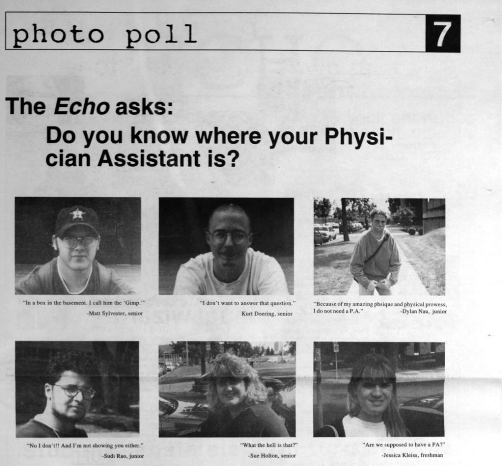 photocopy of newspaper ad titled 'do you know where your physician assistant is' with answers below