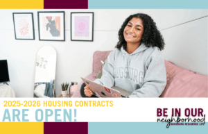 Image of female student in Urness Hall room with the words 2025-2026 Housing Contract Are Open!