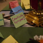 Notecards folded with words on them on a table.