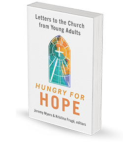 Book cover of "Hungry for Hope" with a stained glass design and cross.