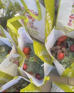 Grocery bags filled with fresh produce, ready to be delivered to community partners.