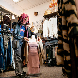 A student putting clothes on a mannequin for a volunteering task