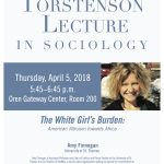 Photo of the 2018 poster featuring Professor Amy Finnegan speaking on "The White Girl's Burden: American Altruism Toward Africa"