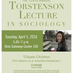 Photo of the 2016 poster featuring Professor Liz Raleigh speaking on Chosen Children