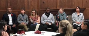 Six alumni—including (from left to right) Tony Hudson, Britt Pennington, Ellen Sachs, Robert Harper, Ashley Johnson, and Karina Genis—speak with current sociology majors about their careers and how their sociology degree helps them in the work they do.