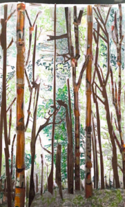 A detailed illustration of a dense bamboo forest with tall, slender stalks and green foliage in the background.