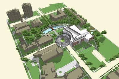 The Center for Science, Business and Religion, on the right side of the center round, will be the anchor building on campus.