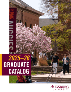 Graduate catalog cover showing students in springtime and a flowering tree